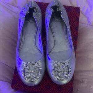 Tory Burch Metallic Silver Flats